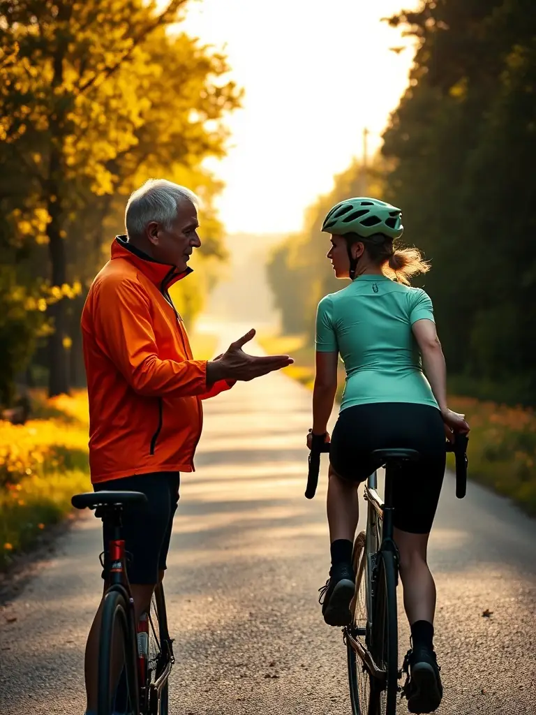 A professional cycling coach providing personalized training to a club member on a scenic road, emphasizing the club's dedication to training and skill development.