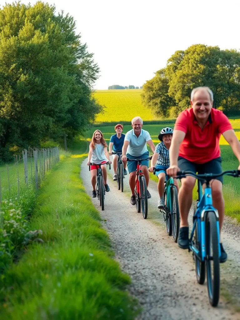 A group of cyclists, young and old, riding together on a scenic path through the Vallée Verte, showcasing community engagement and healthy activity.