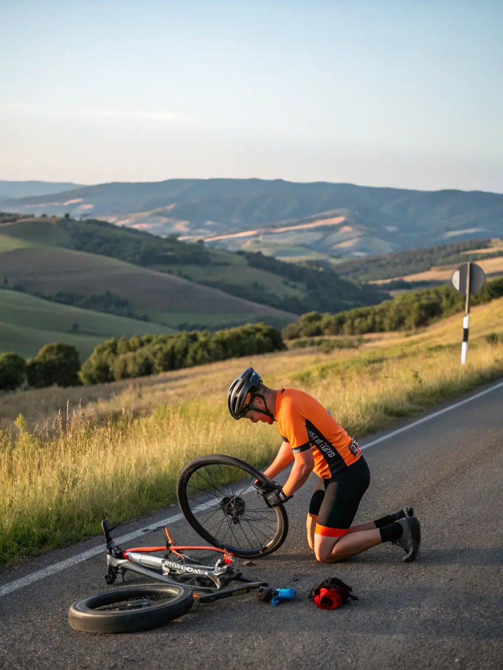 A cyclist helping another with a bike repair on the roadside, illustrating the supportive and helpful nature of the club.