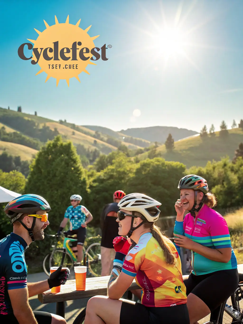 A group of cyclists laughing and chatting during a break on a scenic route, showcasing the social aspect of the club.