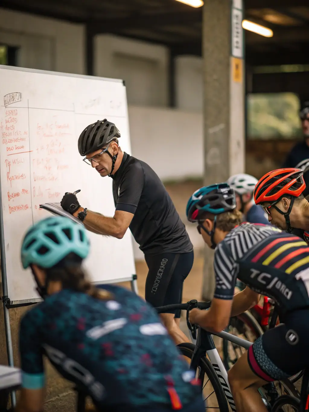 A beginner cycling class in session, with an instructor demonstrating proper techniques to new cyclists, emphasizing safety and skill development.