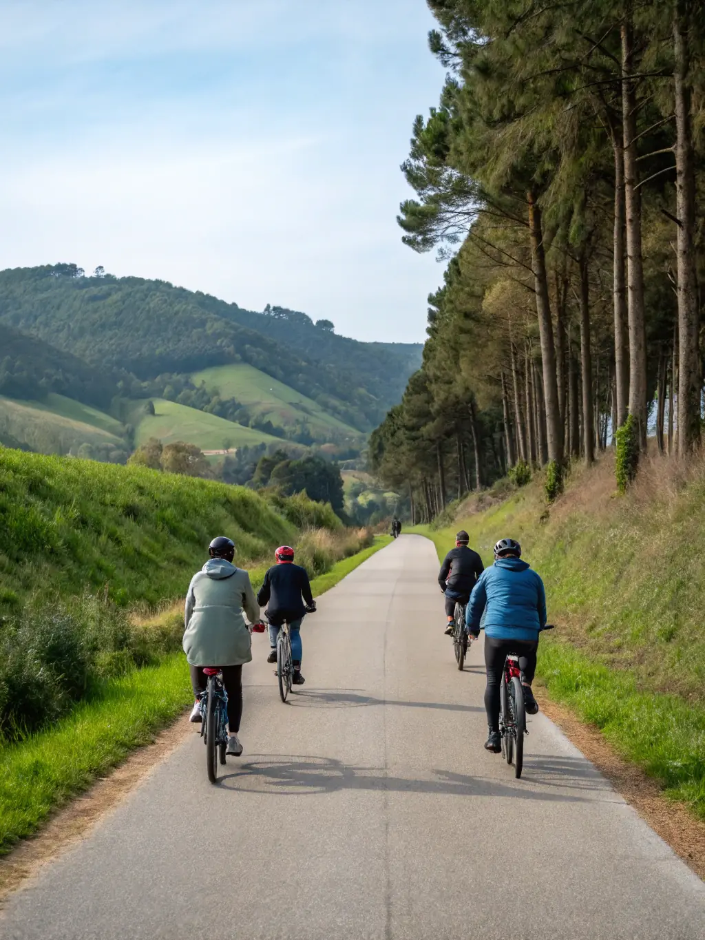 A group of cyclists enjoying a leisurely ride along a designated bike path, promoting active mobility and community engagement.