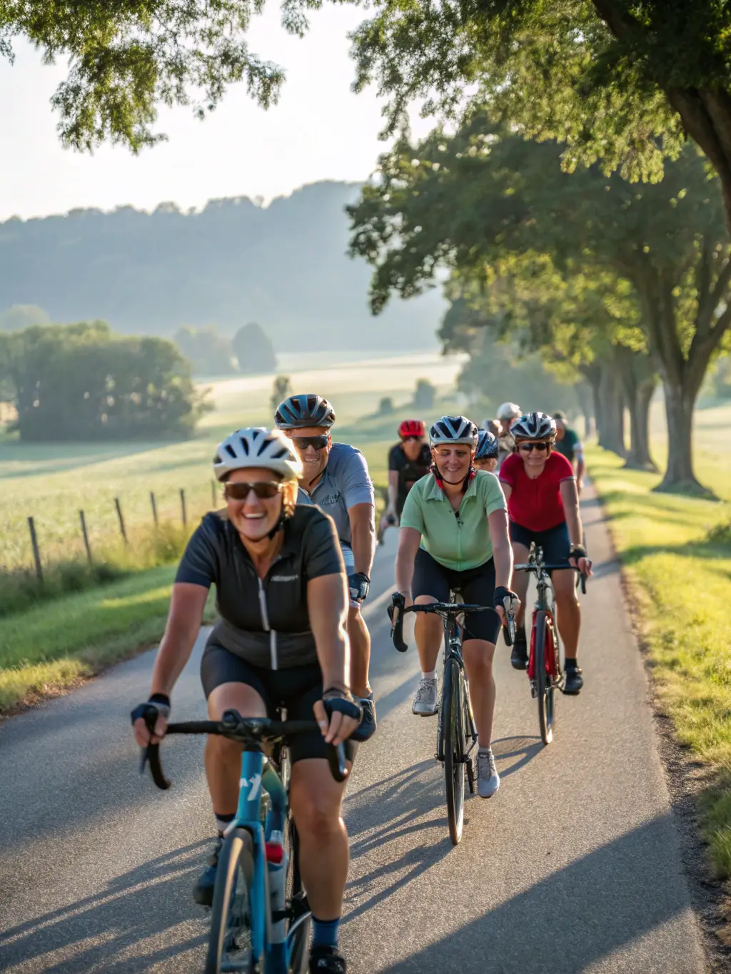 A group of cyclists of varying ages and skill levels participating in a guided tour through the scenic Vallée Verte, showcasing the club's commitment to accessible sports activities and territory discovery.