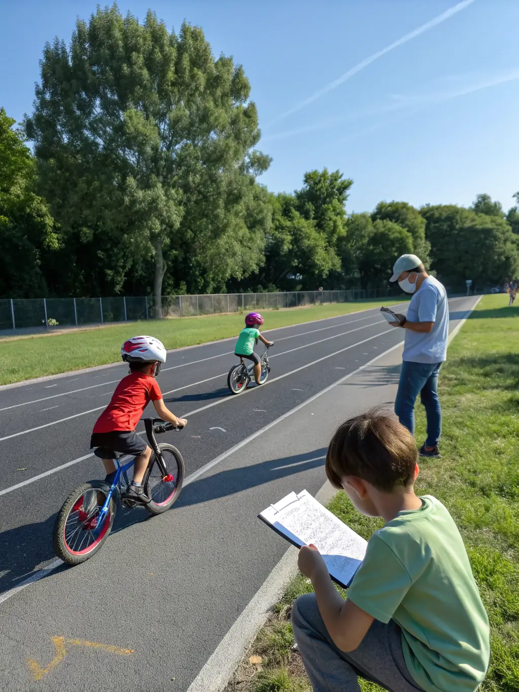 A group of young cyclists learning basic bike handling skills in a safe, controlled environment, showcasing the club's commitment to accessible sports activities for all ages.