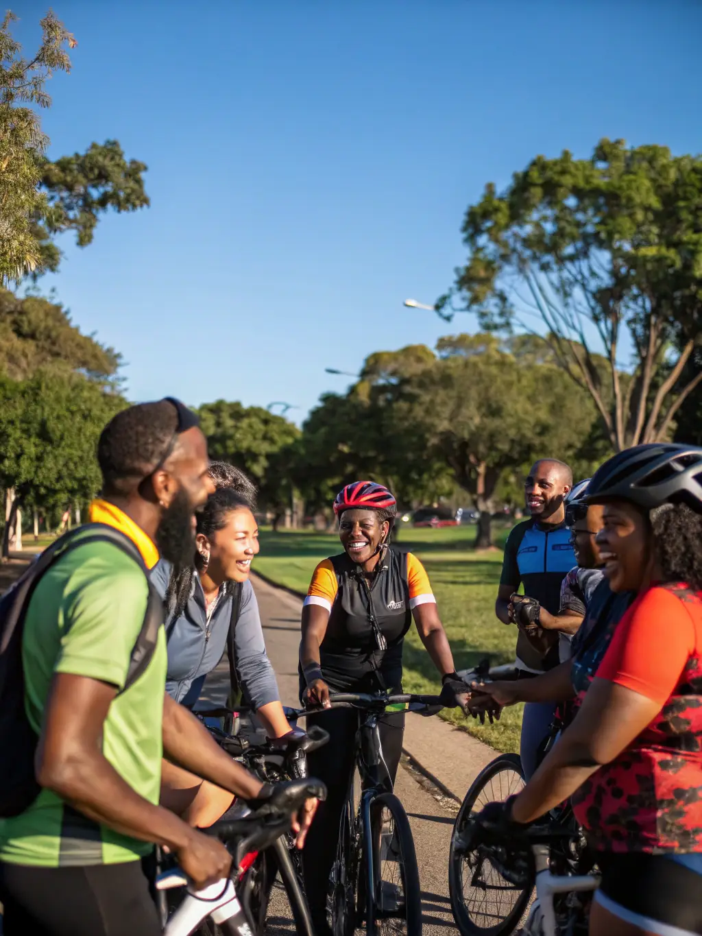 A diverse group of cyclists participating in a community cycling event, highlighting the club's efforts to promote health, active mobility, and social ties within the community.